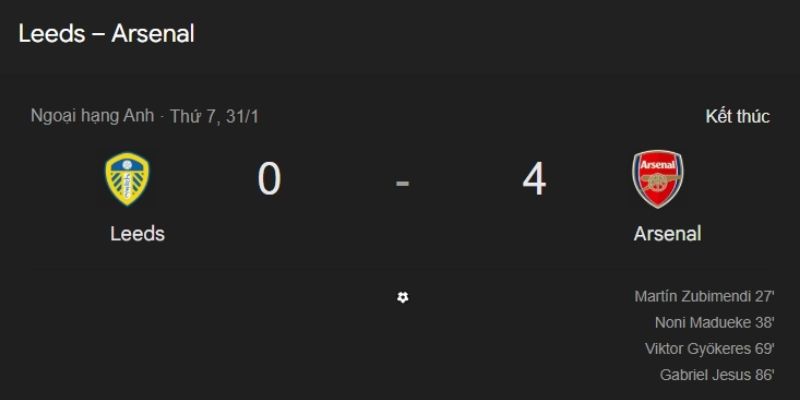 Kết quả bóng đá Leeds vs Arsenal ngày 31/01/2026 là một màn thị uy